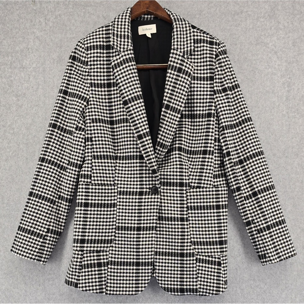 Bohme Women's M Blazer Jacket Houndstooth Black White Plaid Lined Pockets
